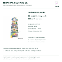 Terastal Festival ex SV8a Japanese booster box contents: 10 packs of 10 cards, Japanese edition and unconfirmed pull rates