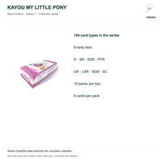 Collection guide for KAYOU My Little Pony Moon Edition Series 1 SEA INT, featuring 154 card types across 8 rarity tiers with random box contents.