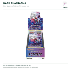 Japanese Pokémon TCG Dark Phantasma S10a booster box on white with PAKRA logo; 20 packs of 6 cards