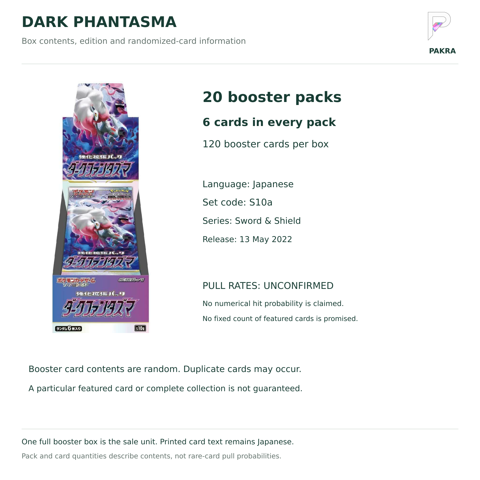 Japanese Dark Phantasma S10a box contents: 20 packs, 6 cards per pack; numerical pull rates unconfirmed