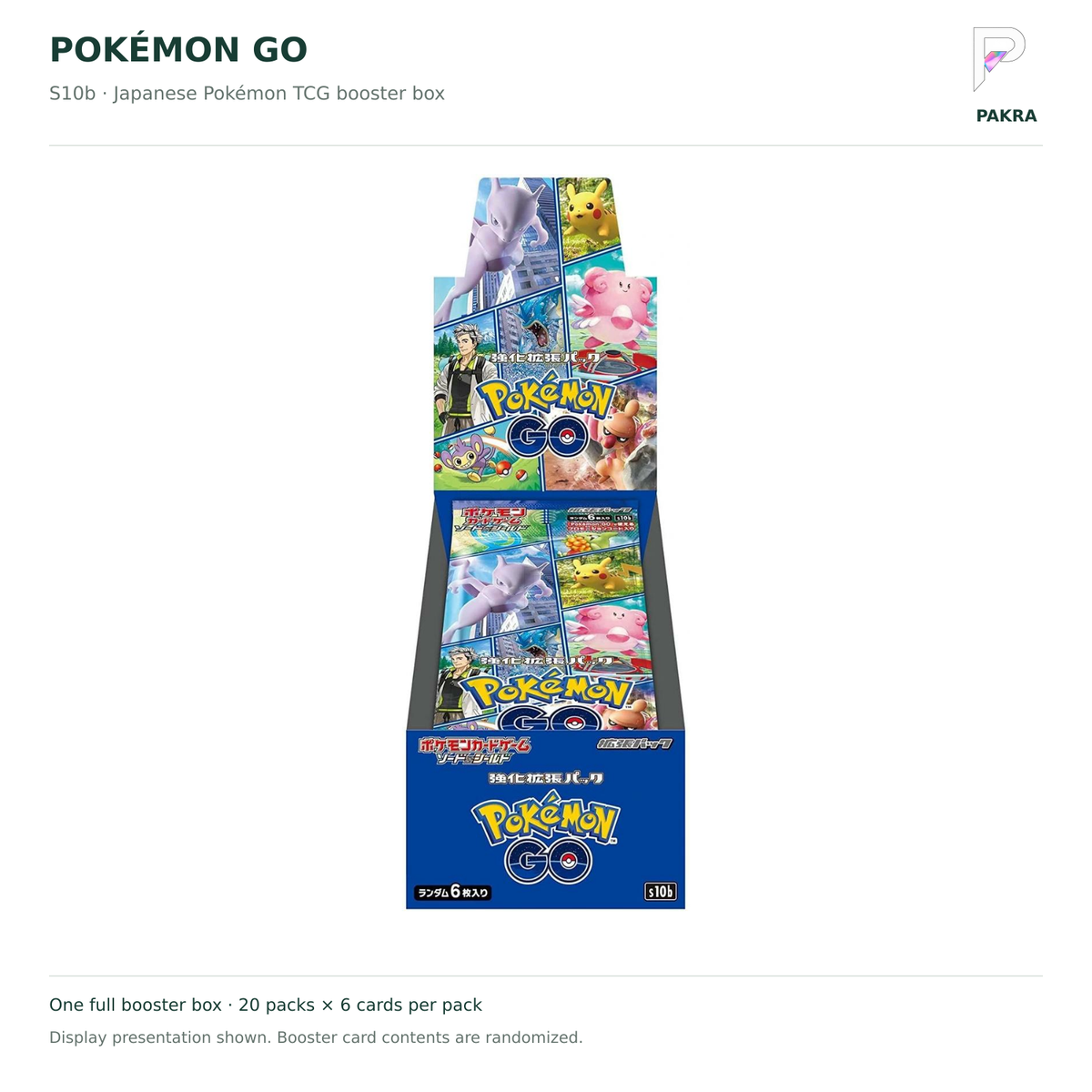 Japanese Pokémon TCG Pokémon GO S10b booster box on white with PAKRA logo; 20 packs of 6 cards