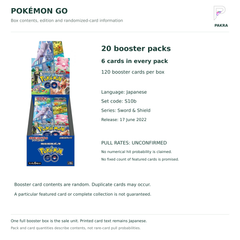 Japanese Pokémon GO S10b box contents: 20 packs, 6 cards per pack; numerical pull rates unconfirmed