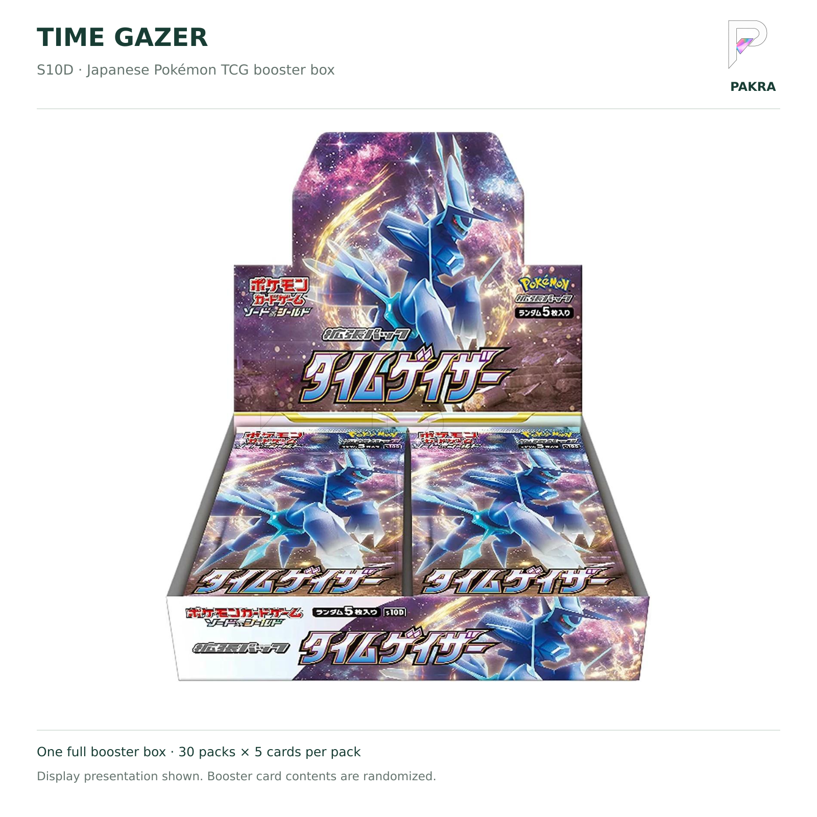 Japanese Pokémon TCG Time Gazer S10D booster box on white with PAKRA logo; 30 packs of 5 cards