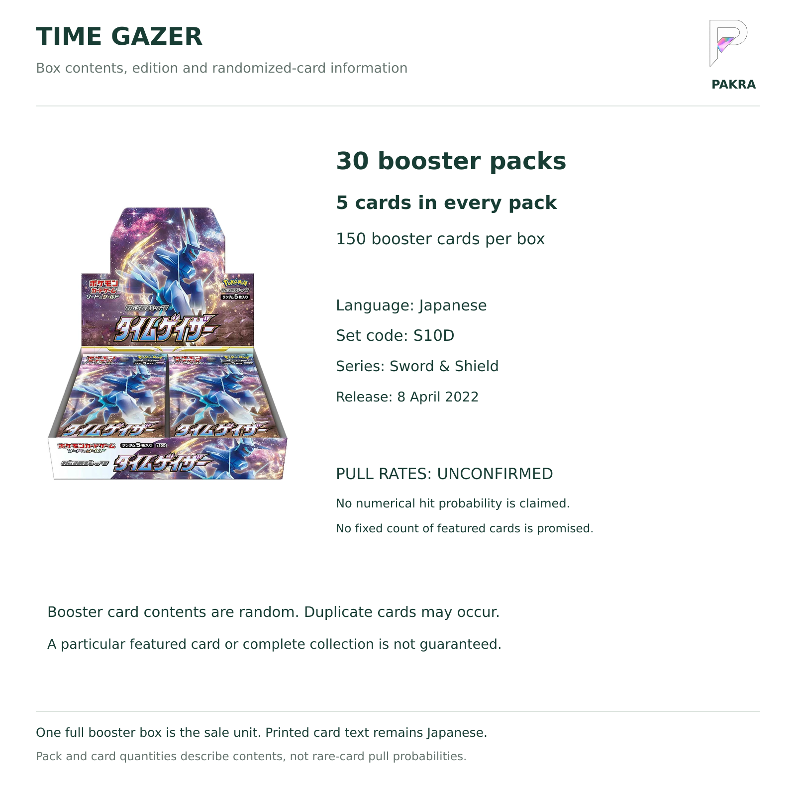 Japanese Time Gazer S10D box contents: 30 packs, 5 cards per pack; numerical pull rates unconfirmed