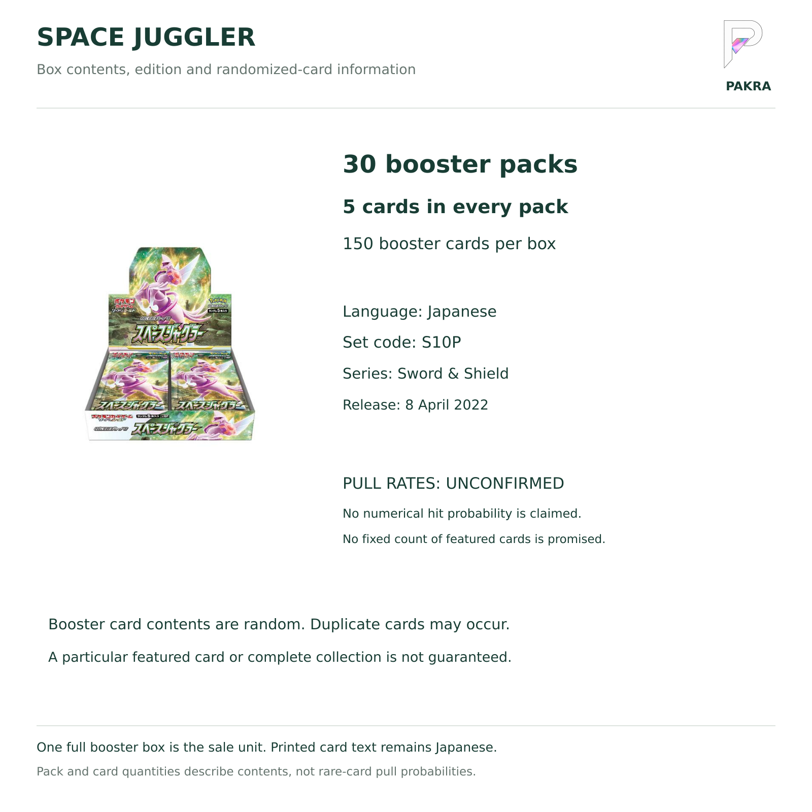 Japanese Space Juggler S10P box contents: 30 packs, 5 cards per pack; numerical pull rates unconfirmed