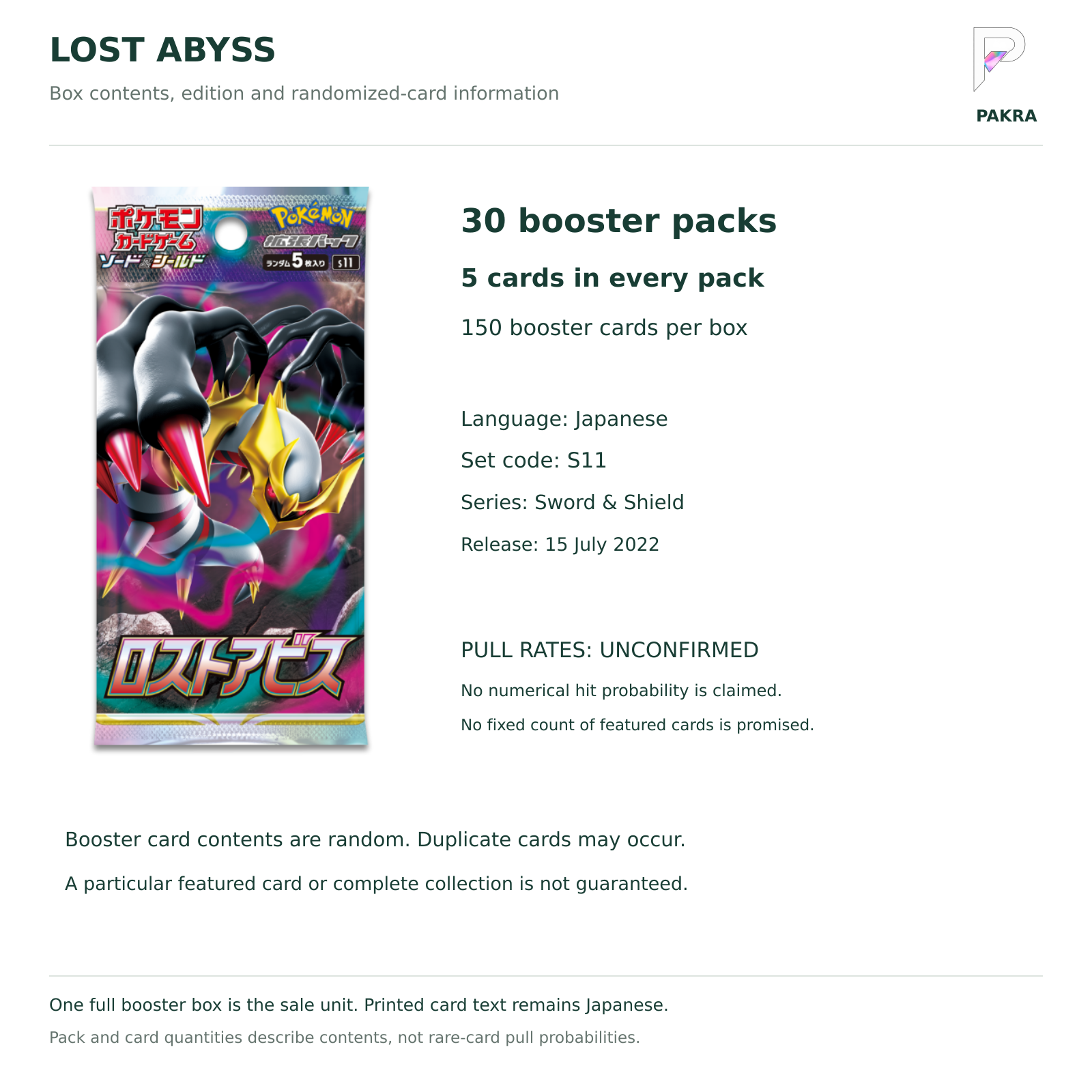 Japanese Lost Abyss S11 booster box contents: 30 packs, 5 cards per pack; numerical pull rates unconfirmed