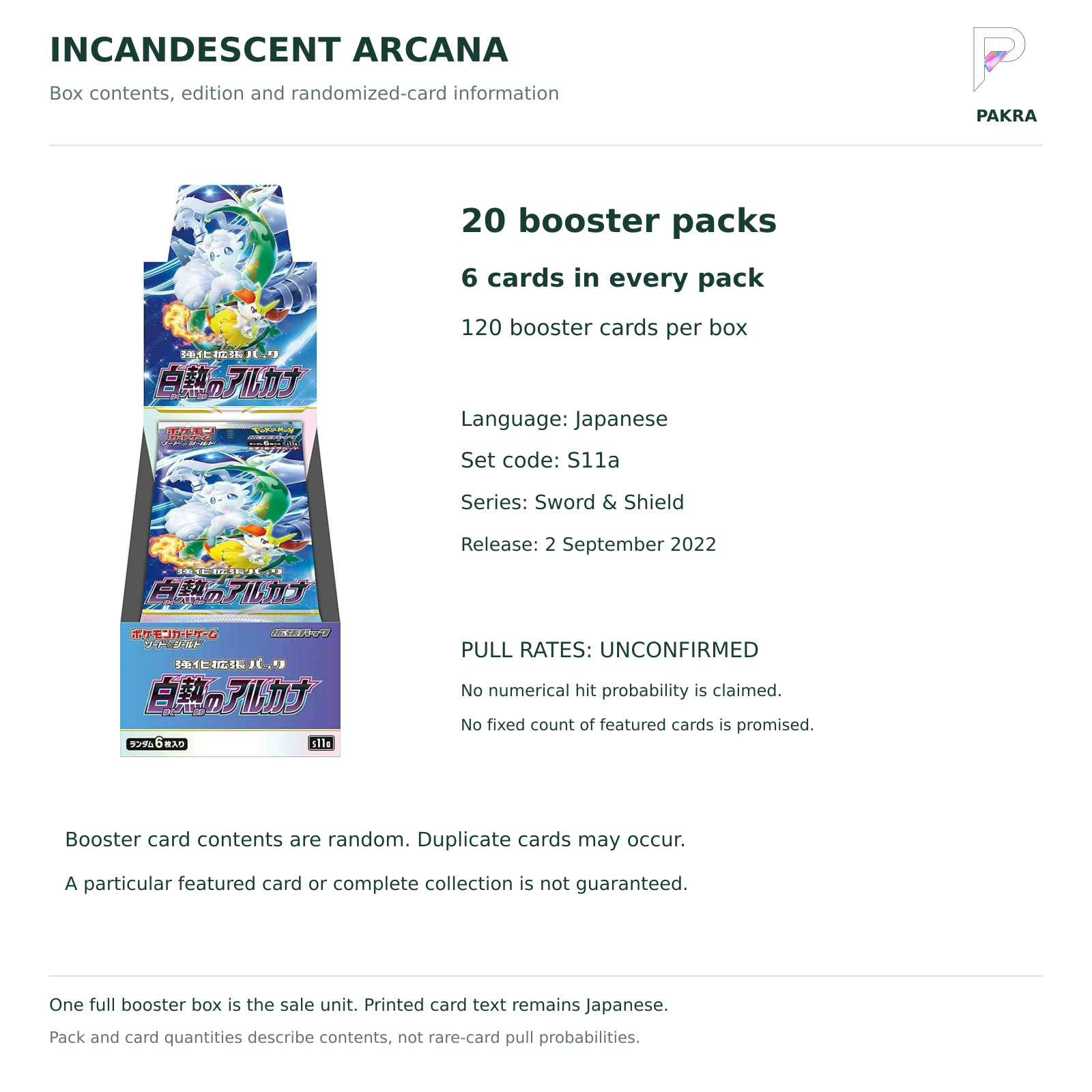Japanese Incandescent Arcana S11a box contents: 20 packs, 6 cards per pack; numerical pull rates unconfirmed