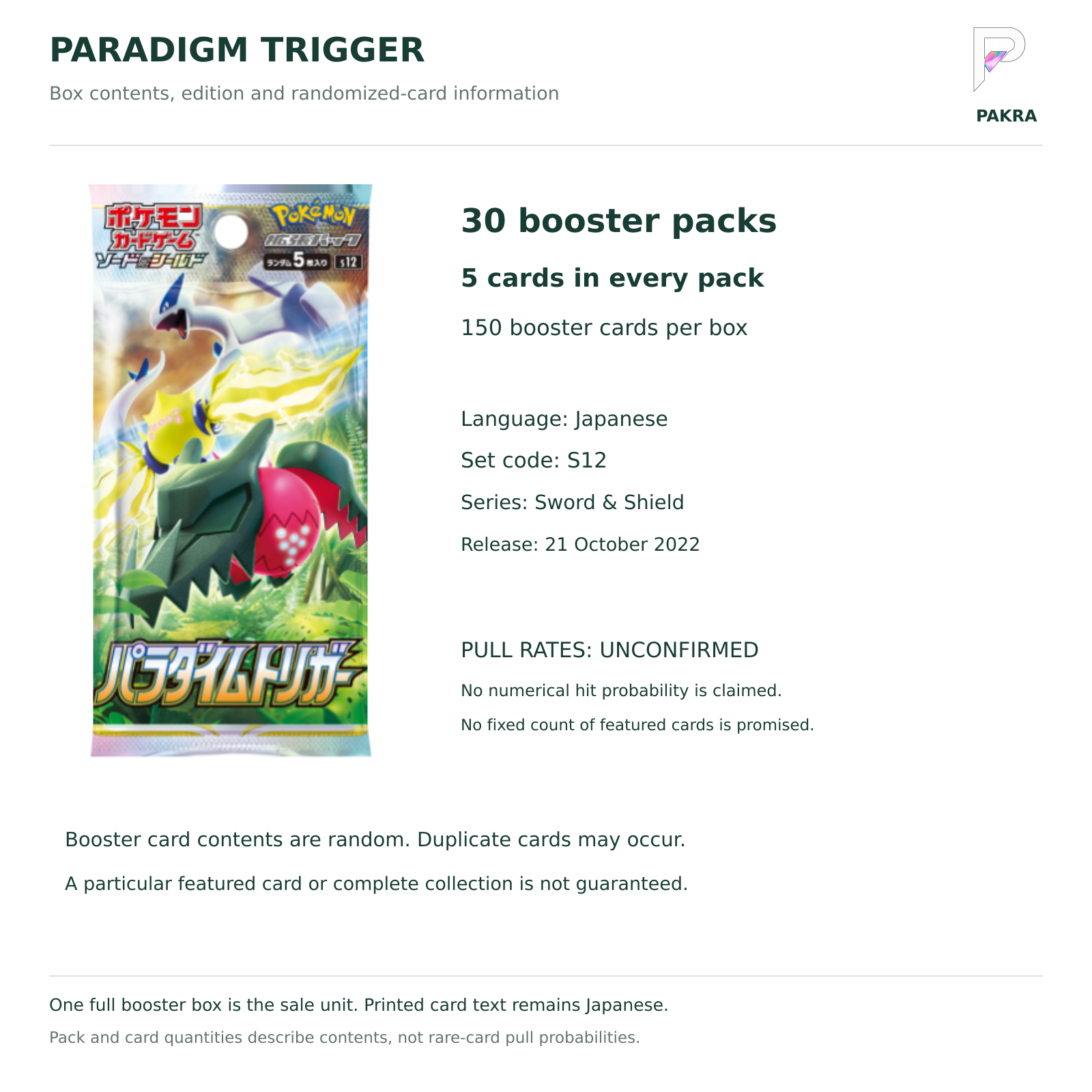 Japanese Paradigm Trigger S12 booster box contents: 30 packs, 5 cards per pack, numerical pull rates unconfirmed