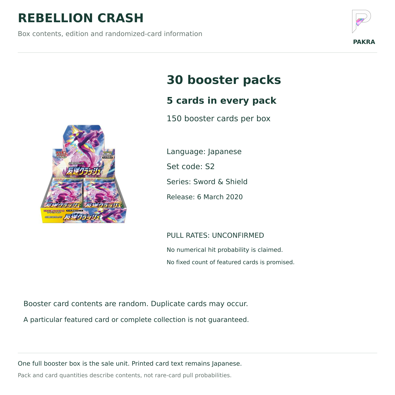 Rebellion Crash S2 Japanese box contents: 30 five-card packs, 150 cards total; numerical pull rates unconfirmed