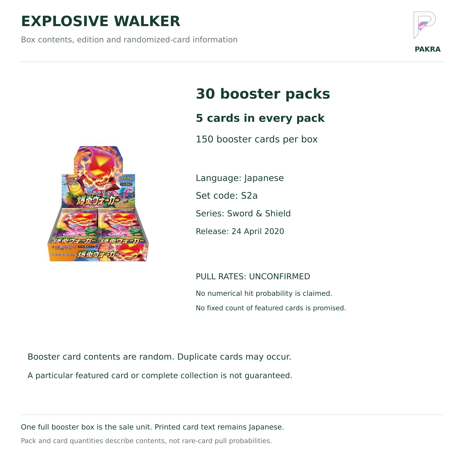 Explosive Walker S2a Japanese box contents: 30 five-card packs, 150 cards total; numerical pull rates unconfirmed