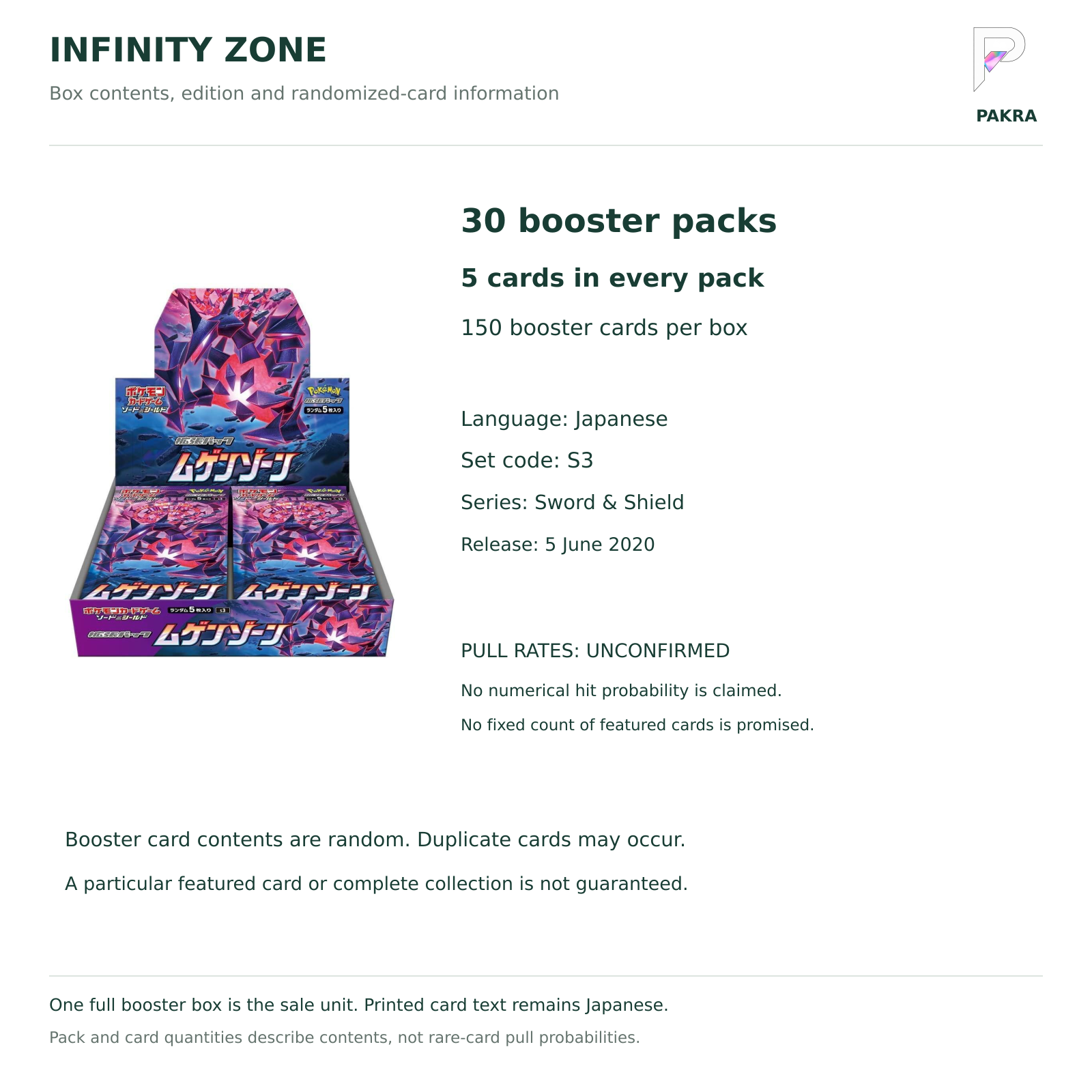 Infinity Zone S3 Japanese box contents: 30 five-card packs, 150 cards total; numerical pull rates unconfirmed