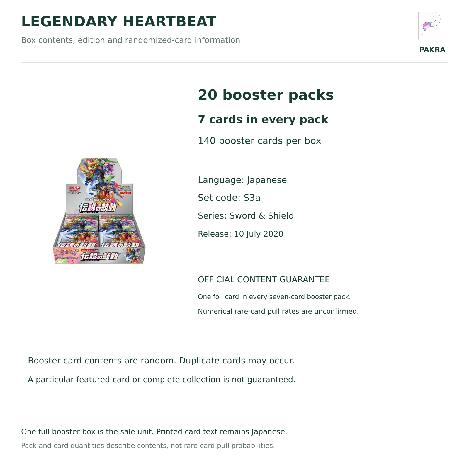 Japanese Legendary Heartbeat S3a box contents: 20 packs, 7 cards per pack; numerical pull rates unconfirmed