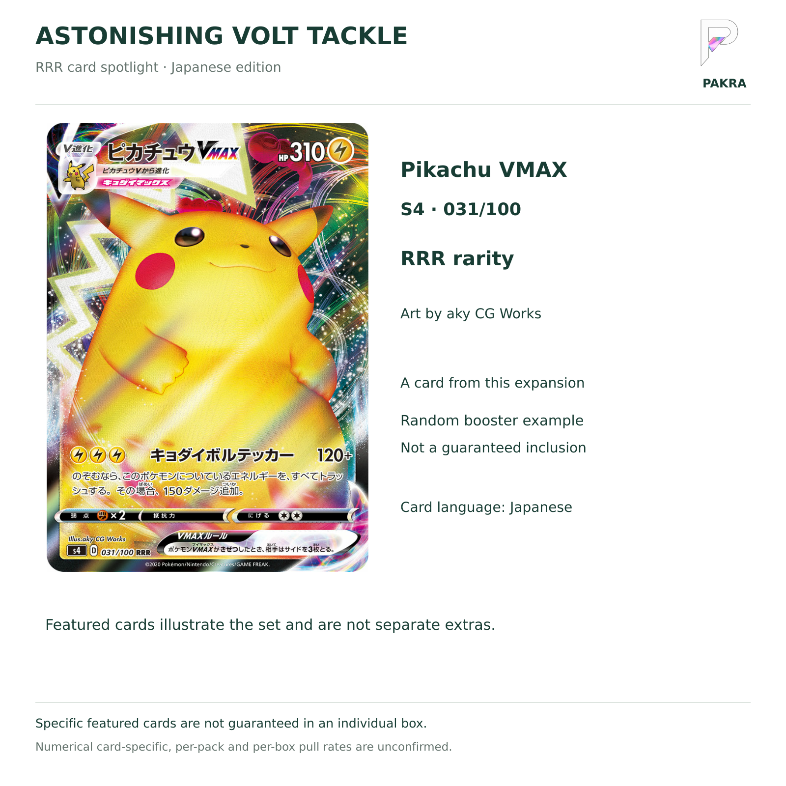 Astonishing Volt Tackle S4 Pikachu VMAX 031/100 RRR, a possible randomized booster card, not guaranteed