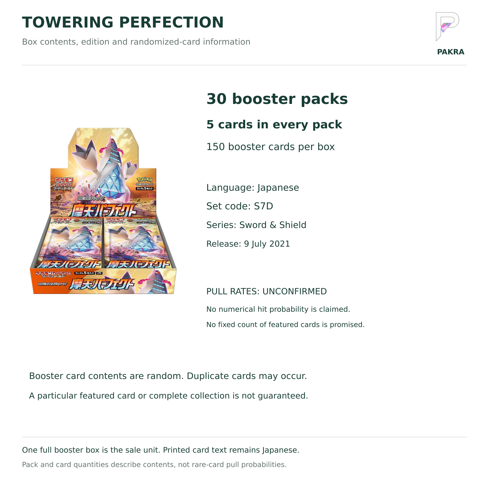 Towering Perfection S7D Japanese box contents: 30 five-card packs, 150 cards total; numerical pull rates unconfirmed