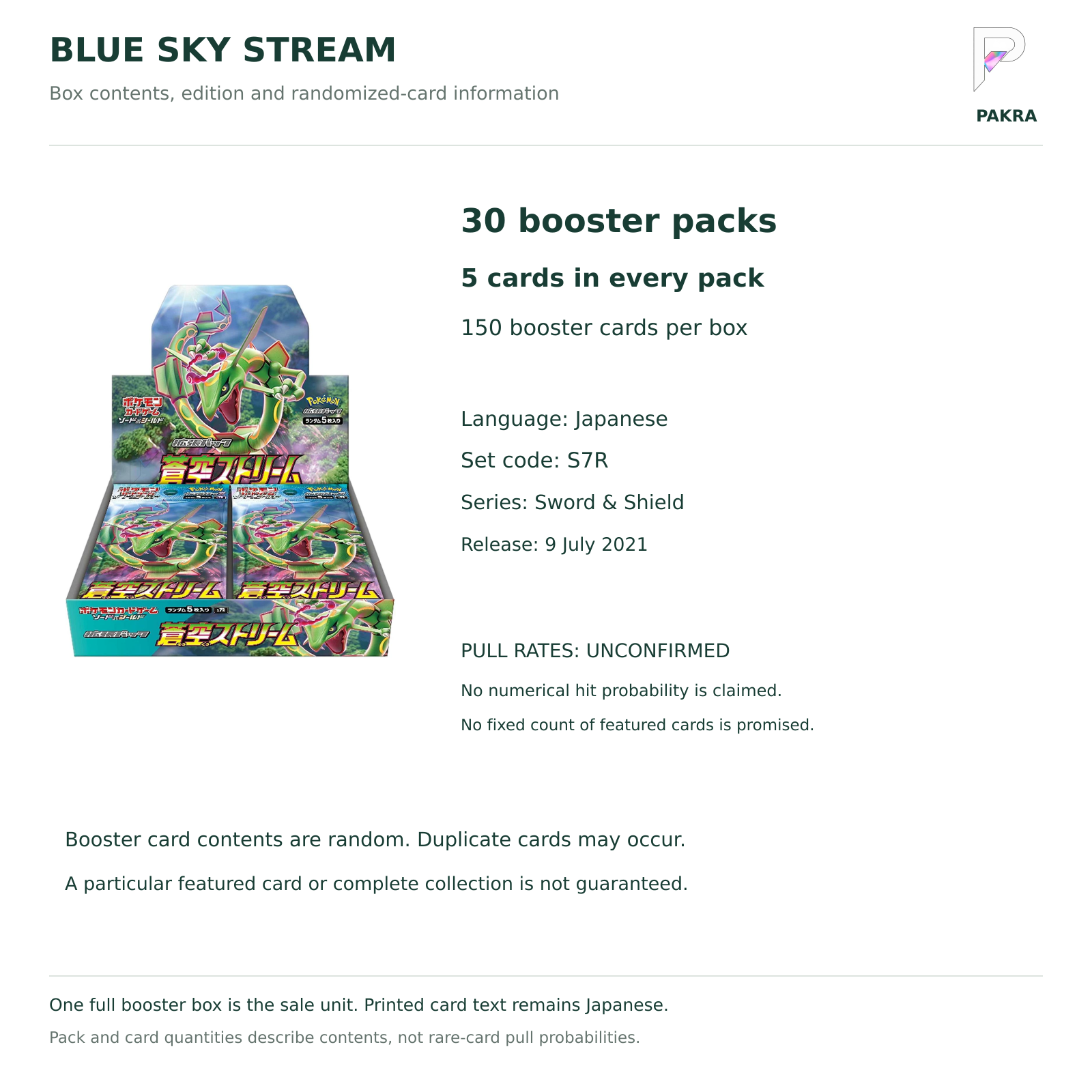 Blue Sky Stream S7R Japanese box contents: 30 five-card packs, 150 cards total; numerical pull rates unconfirmed