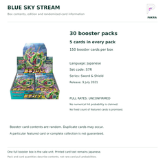 Blue Sky Stream S7R Japanese box contents: 30 five-card packs, 150 cards total; numerical pull rates unconfirmed