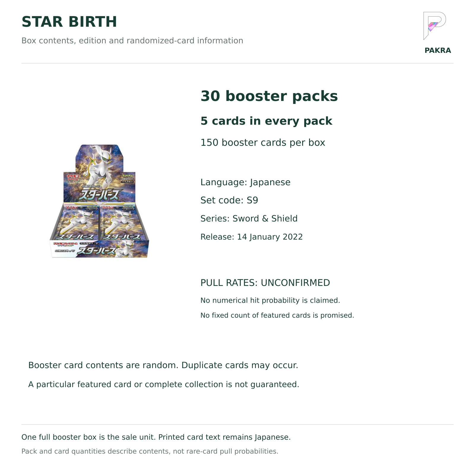 Japanese Star Birth S9 box contents: 30 packs, 5 cards per pack; numerical pull rates unconfirmed