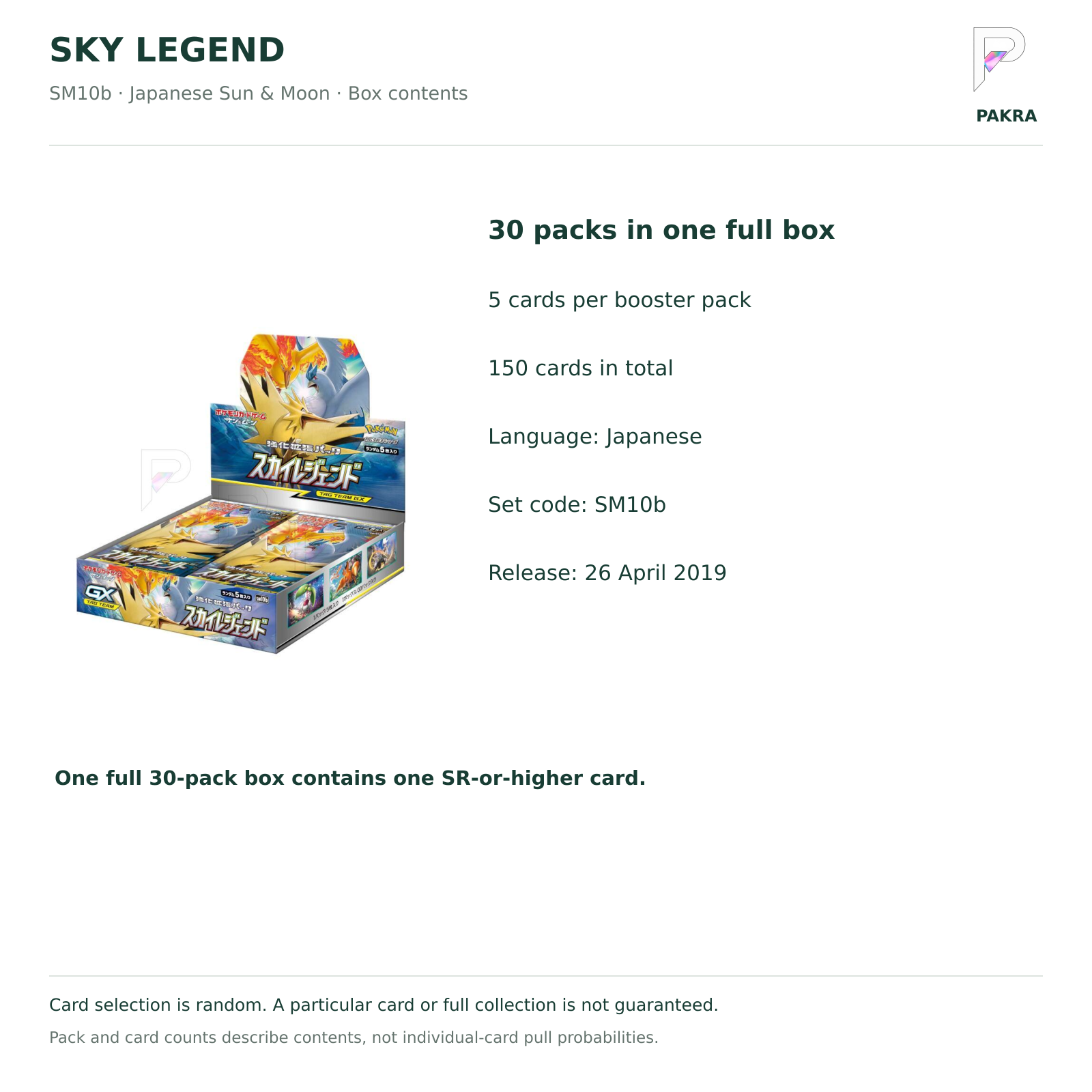 Sky Legend SM10b Japanese booster box contents: 30 packs of 5 cards