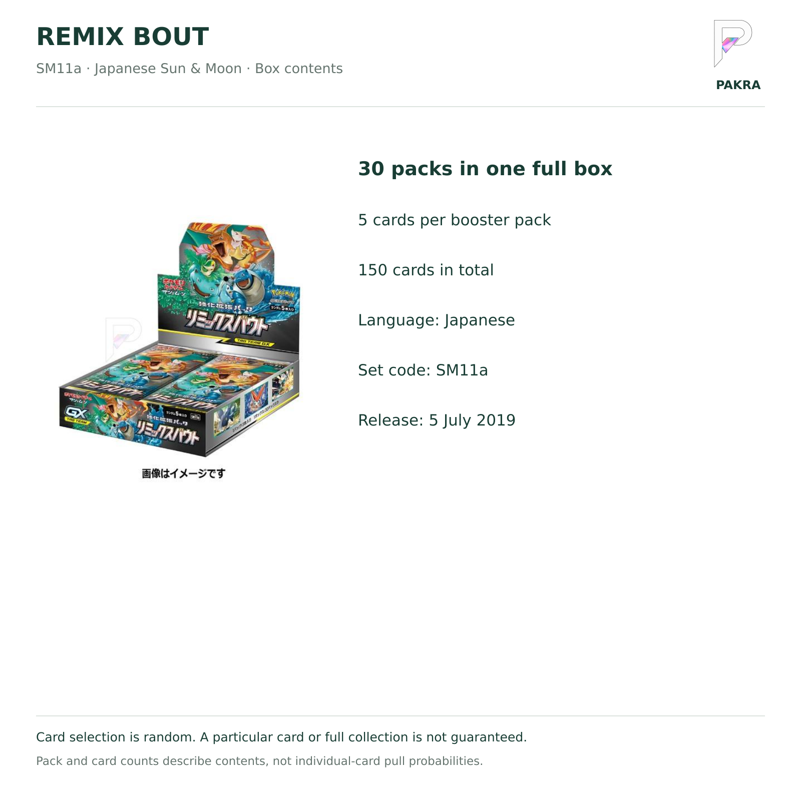 Remix Bout SM11a Japanese booster box contents: 30 packs of 5 cards