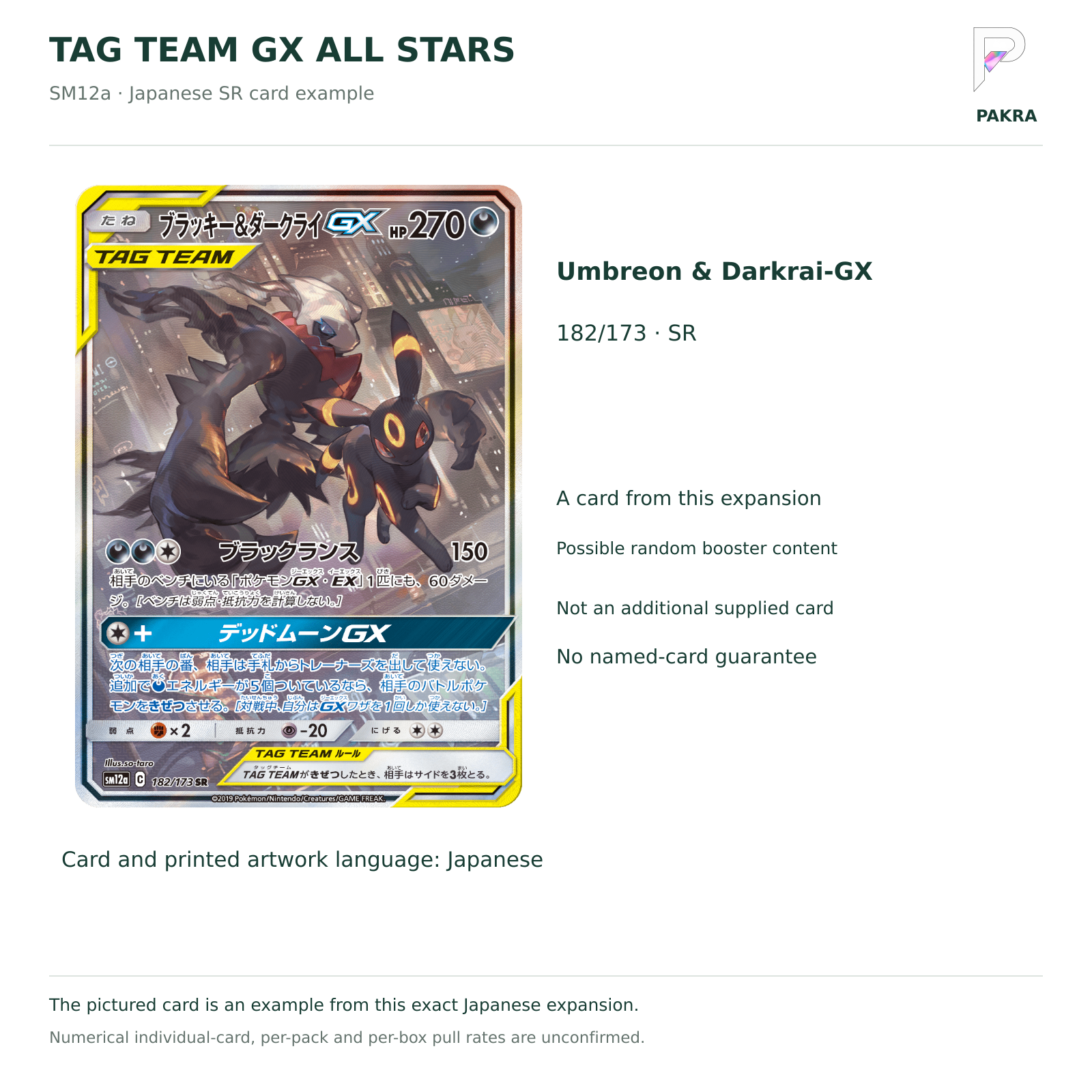 Tag Team GX All Stars SM12a Japanese Umbreon & Darkrai-GX 182/173 SR card example, not a guaranteed named-card pull