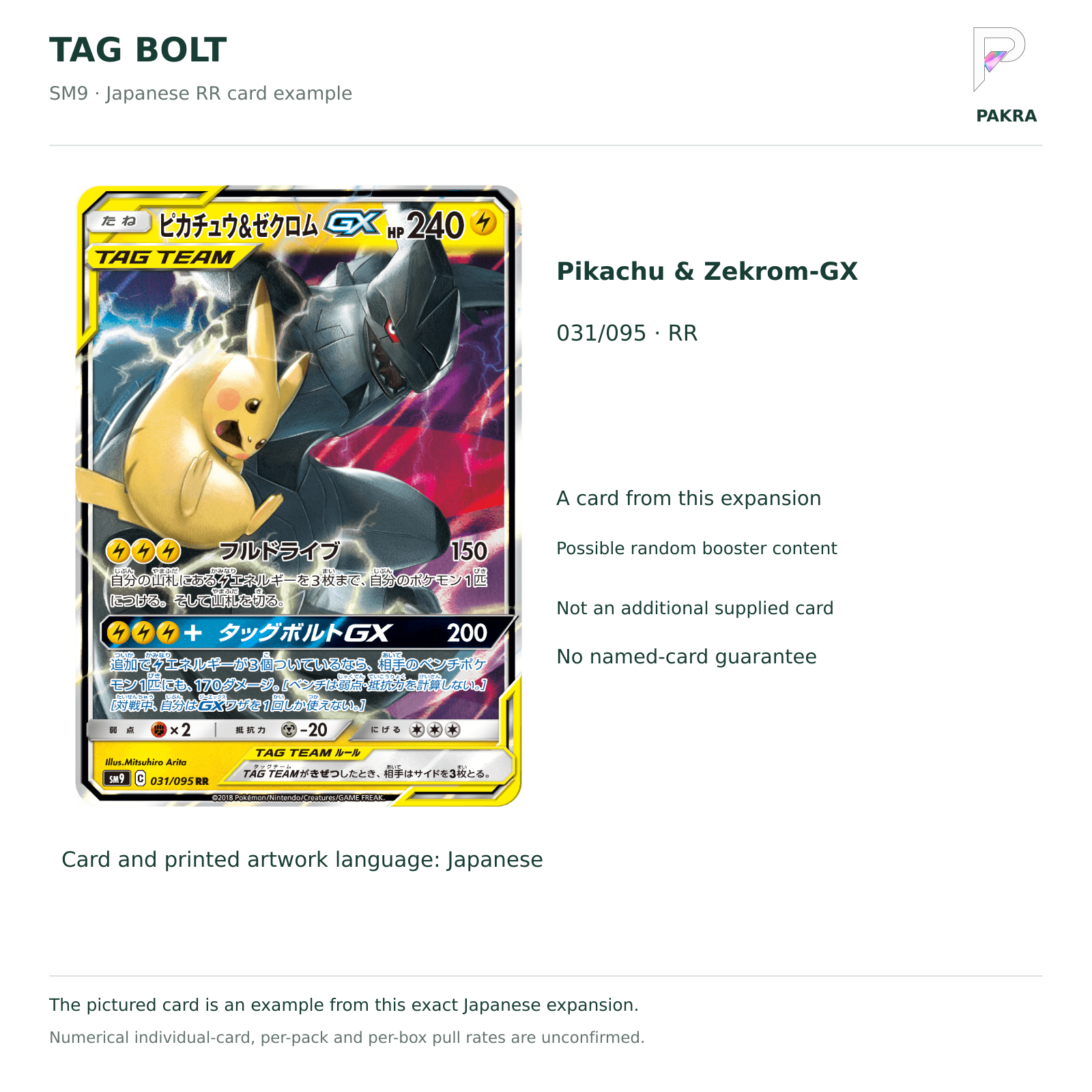 Tag Bolt SM9 Japanese Pikachu & Zekrom-GX 031/095 RR card example, not a guaranteed named-card pull