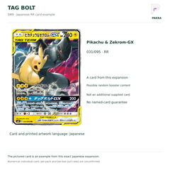 Tag Bolt SM9 Japanese Pikachu & Zekrom-GX 031/095 RR card example, not a guaranteed named-card pull