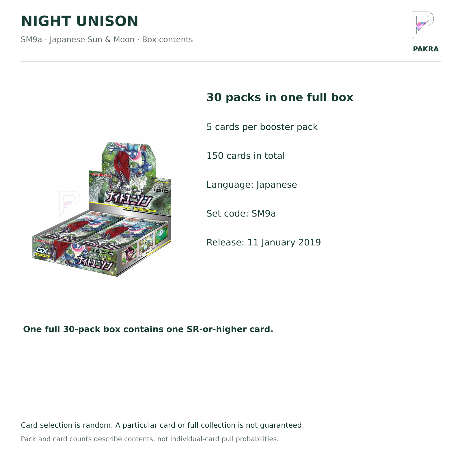 Night Unison SM9a Japanese booster box contents: 30 packs of 5 cards