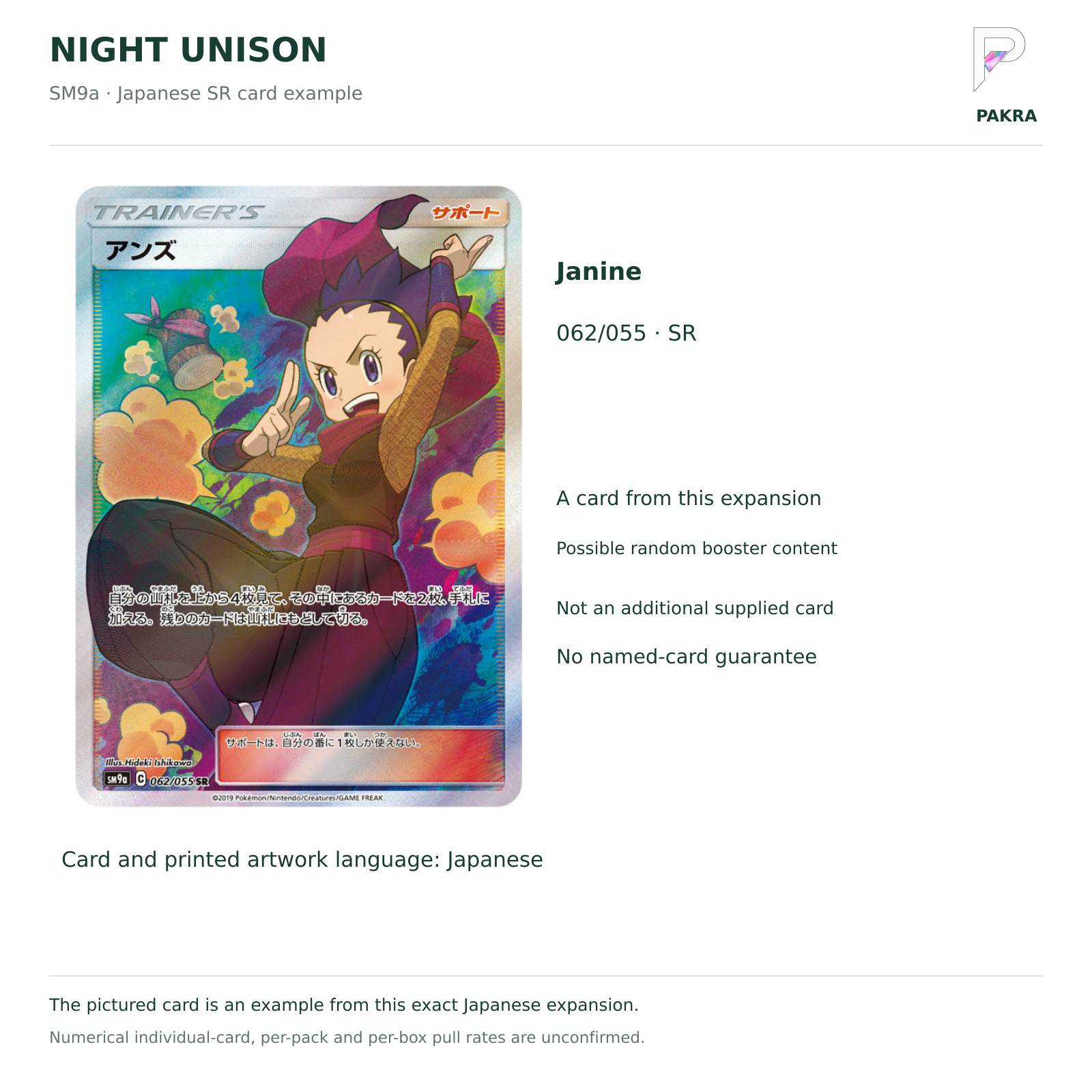 Night Unison SM9a Japanese Janine 062/055 SR card example, not a guaranteed named-card pull