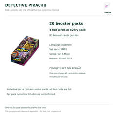 Japanese Detective Pikachu SMP2 contents: 20 packs of 4 foil cards; full box includes complete card set with SR