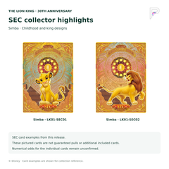 Simba SEC cards LK01-SEC01 and LK01-SEC02 from Card.fun The Lion King 30th Anniversary; examples are not guaranteed pulls