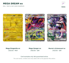 Japanese M2a card examples: Mega Dragonite ex 250/193 MUR, Mega Gengar ex SAR and Marnie's Grimmsnarl ex SAR
