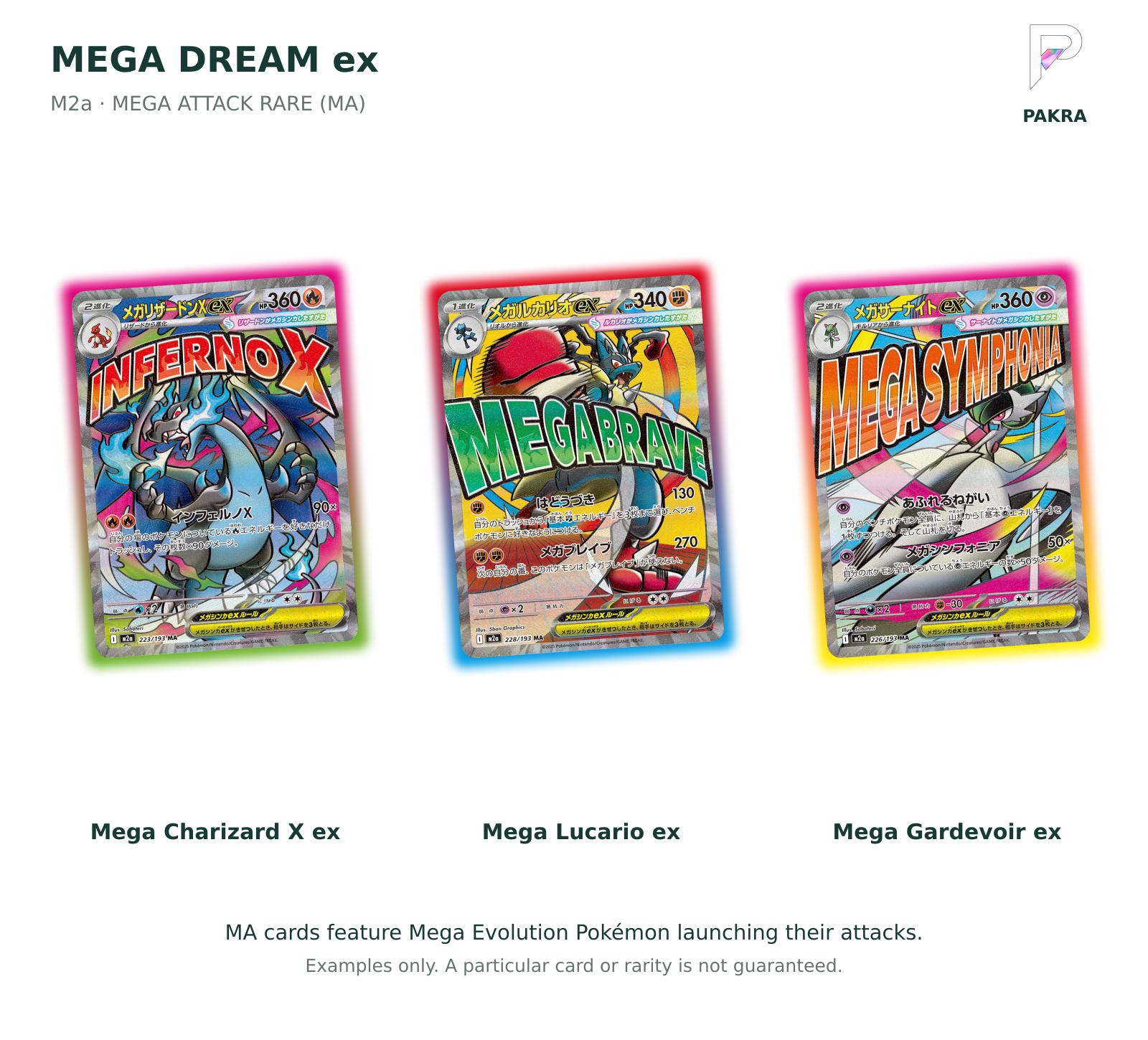 MEGA Dream ex Japanese Mega Attack Rare examples: Mega Charizard X ex, Mega Lucario ex and Mega Gardevoir ex