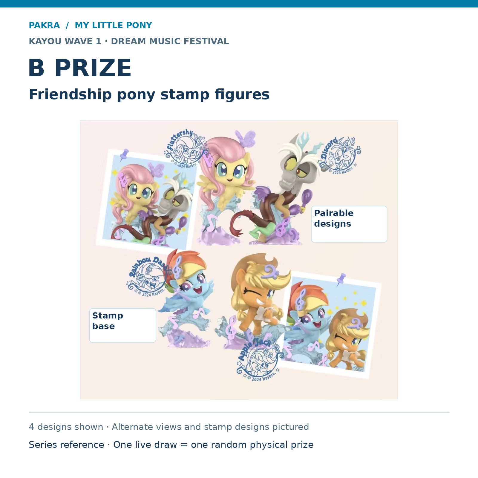 PAKRA KAYOU My Little Pony Wave 1 Dream Music Festival B Prize: Friendship pony stamp figures. 4 designs shown · Alternate views and stamp designs pictured