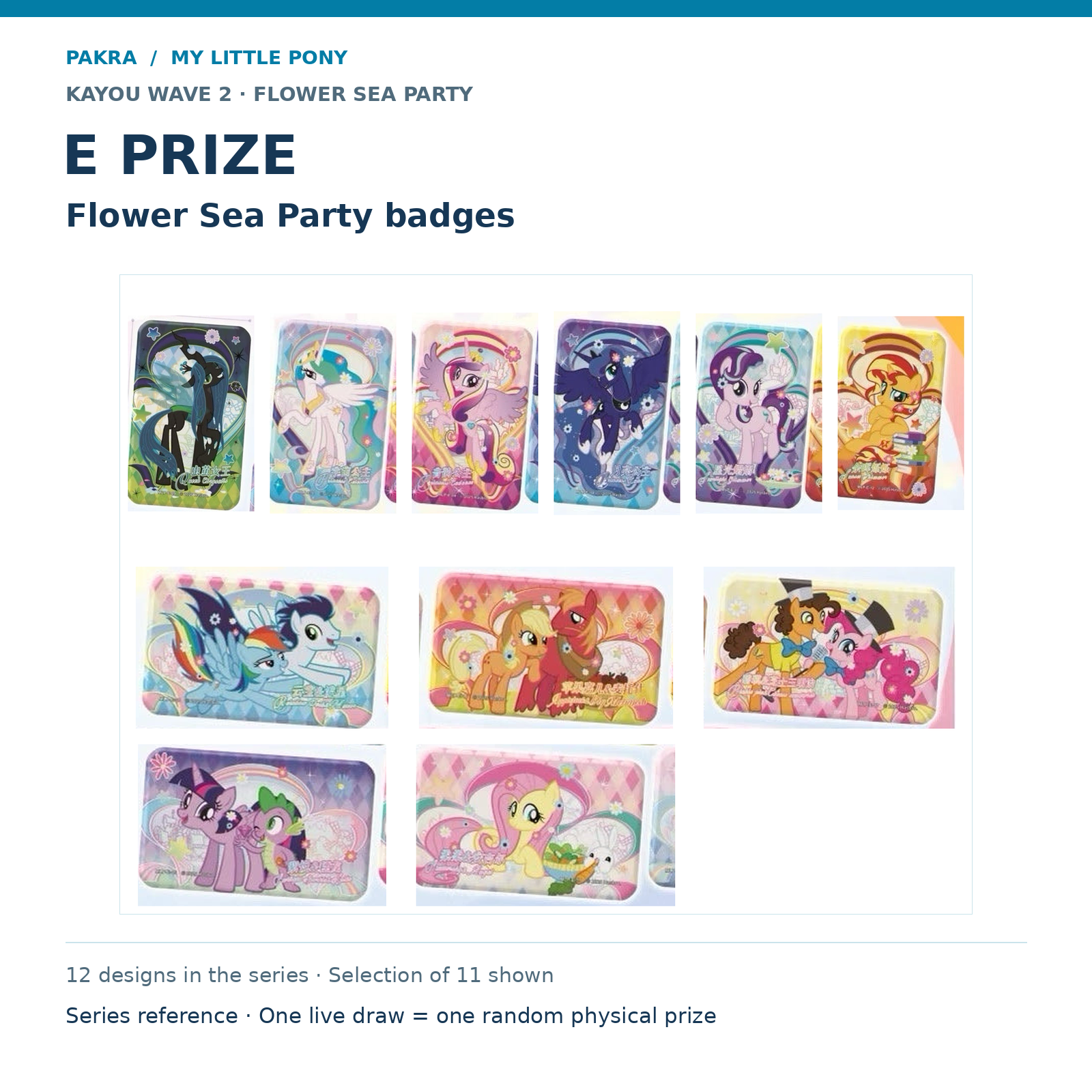 PAKRA KAYOU My Little Pony Wave 2 Flower Sea Party E Prize: Flower Sea Party badges. 12 designs in the series · Selection of 11 shown