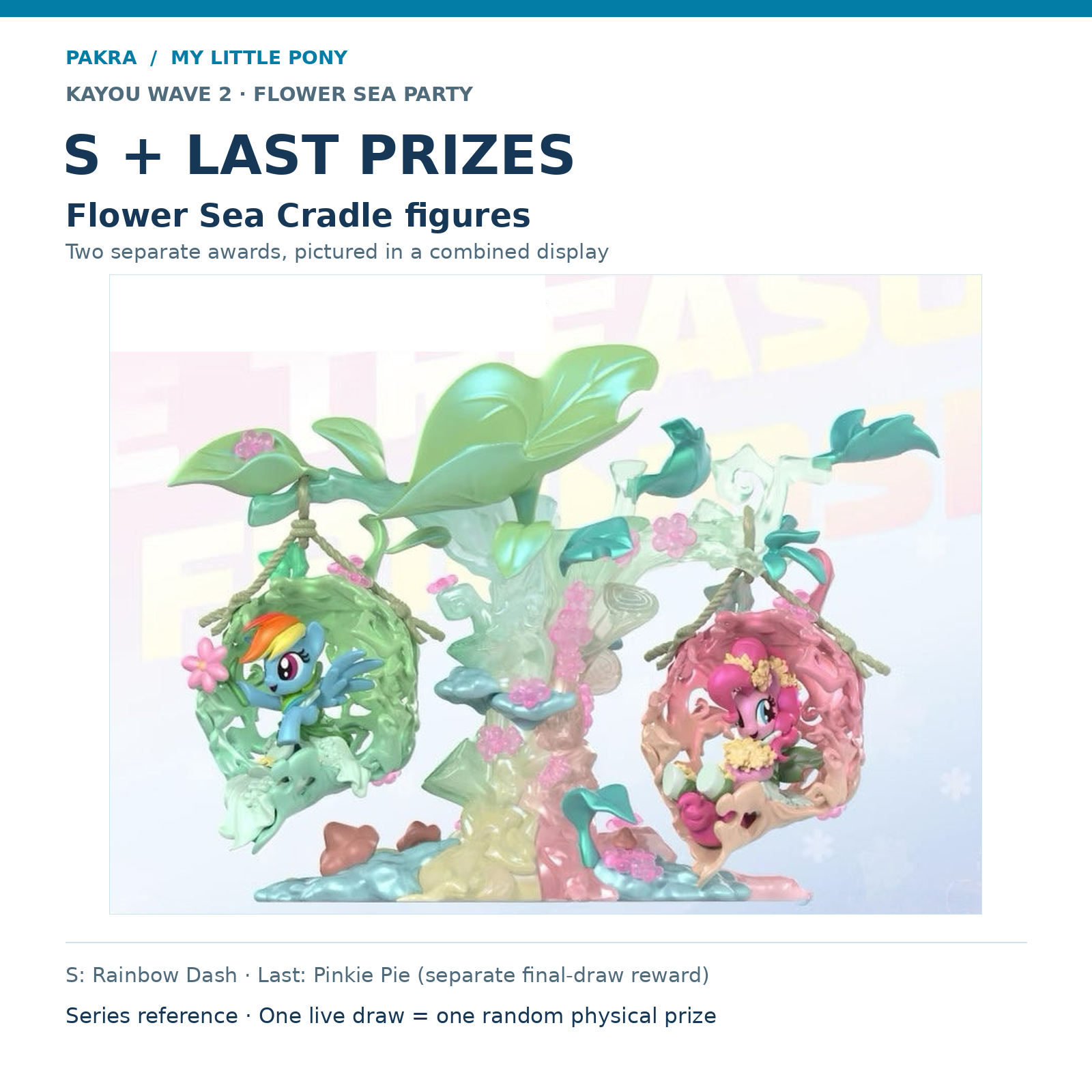 PAKRA KAYOU My Little Pony Wave 2 Flower Sea Party S-AND-LAST Prize: Flower Sea Cradle figures. S: Rainbow Dash · Last: Pinkie Pie (separate final-draw reward)