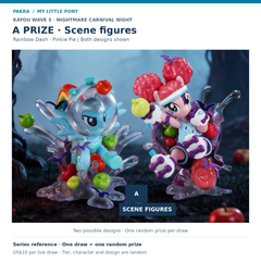 PAKRA KAYOU My Little Pony Wave 3 Nightmare Carnival Night A Prize: Scene figures. Rainbow Dash · Pinkie Pie | Both designs shown. Series reference; US$10 buys one live draw for one random physical prize, not the full set.