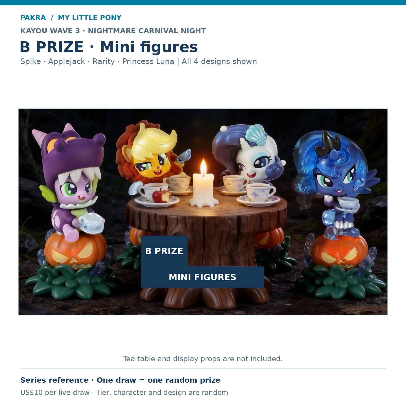 PAKRA KAYOU My Little Pony Wave 3 Nightmare Carnival Night B Prize: Mini figures. Spike · Applejack · Rarity · Princess Luna | All 4 designs shown. Tea table and display props are not included. Series reference; US$10 buys one live draw for one random physical prize, not the full set.