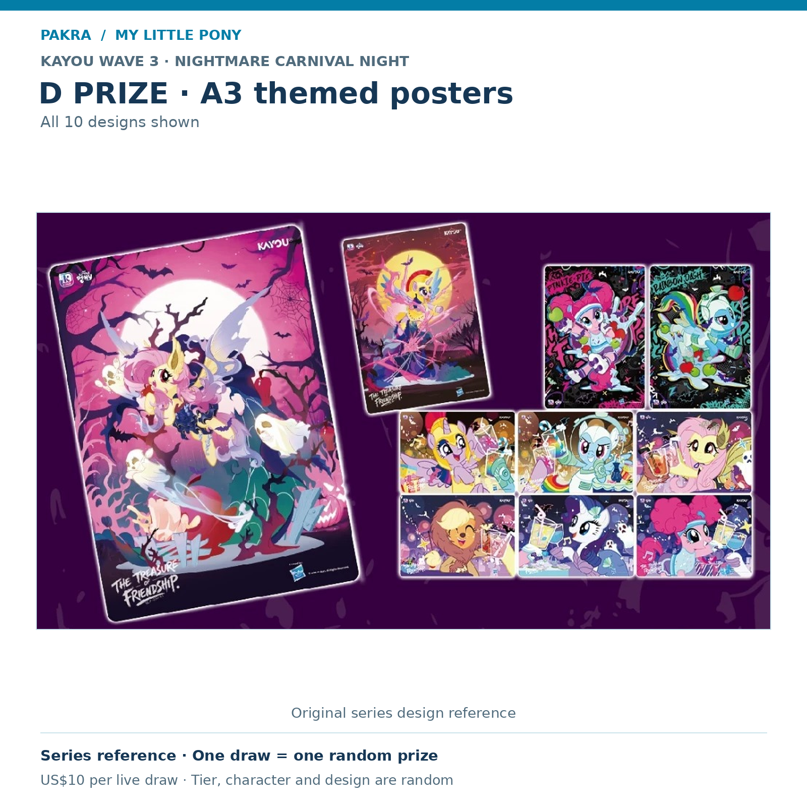 PAKRA KAYOU My Little Pony Wave 3 Nightmare Carnival Night D Prize: A3 themed posters. All 10 designs shown. Series reference; US$10 buys one live draw for one random physical prize, not the full set.