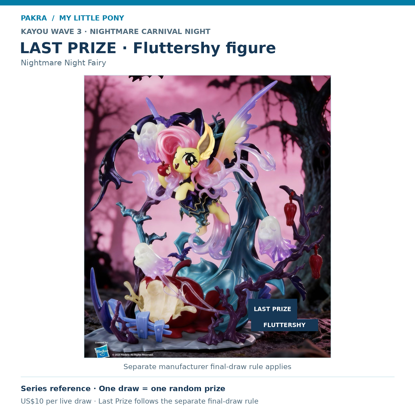 PAKRA KAYOU My Little Pony Wave 3 Nightmare Carnival Night LAST Prize: Fluttershy figure. Nightmare Night Fairy. Last Prize follows a separate manufacturer final-draw rule. Series reference; US$10 buys one live draw for one random physical prize, not the full set.