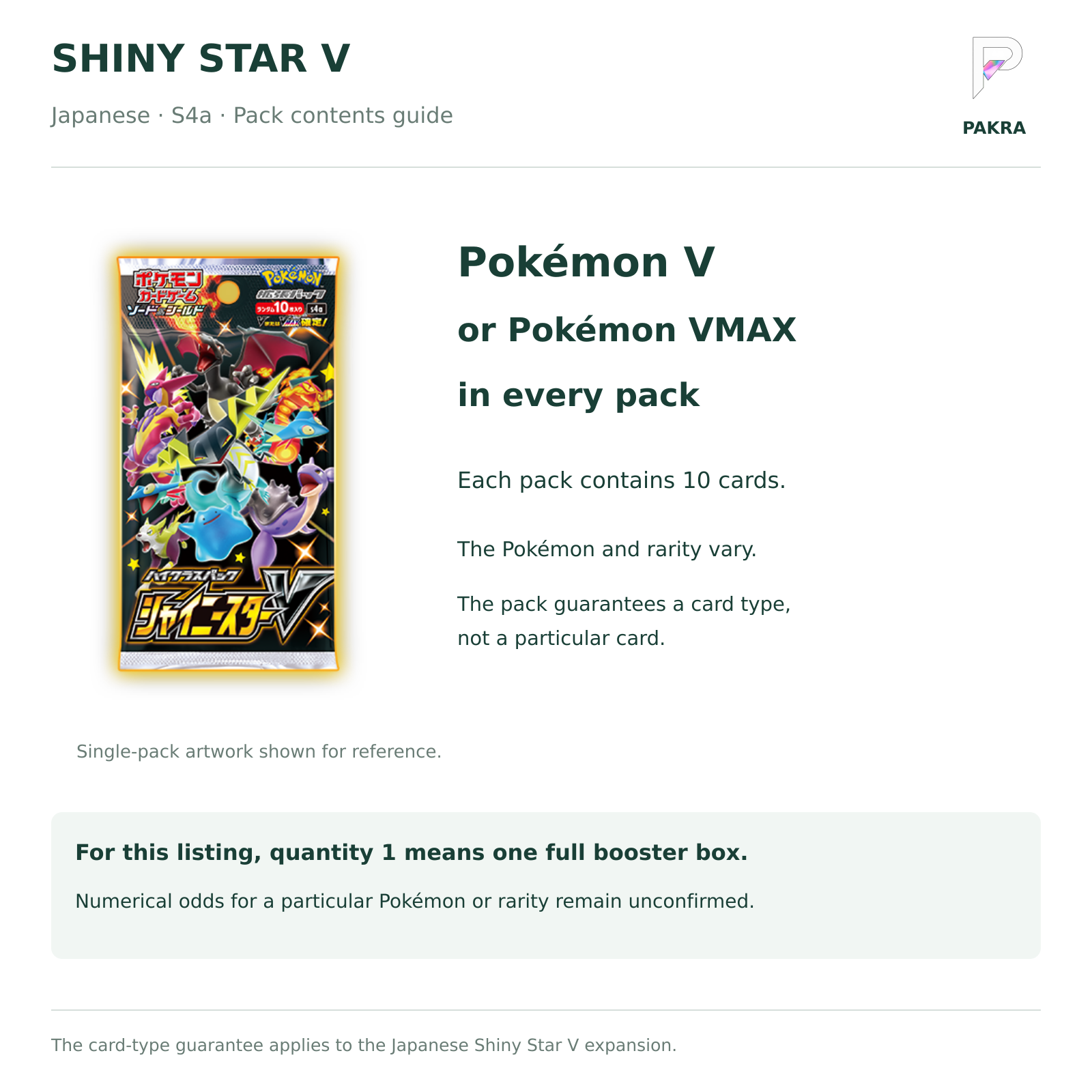 Japanese Pokemon Shiny Star V S4a pack guide: every 10-card pack contains a Pokemon V or Pokemon VMAX card; the specific Pokemon and rarity vary
