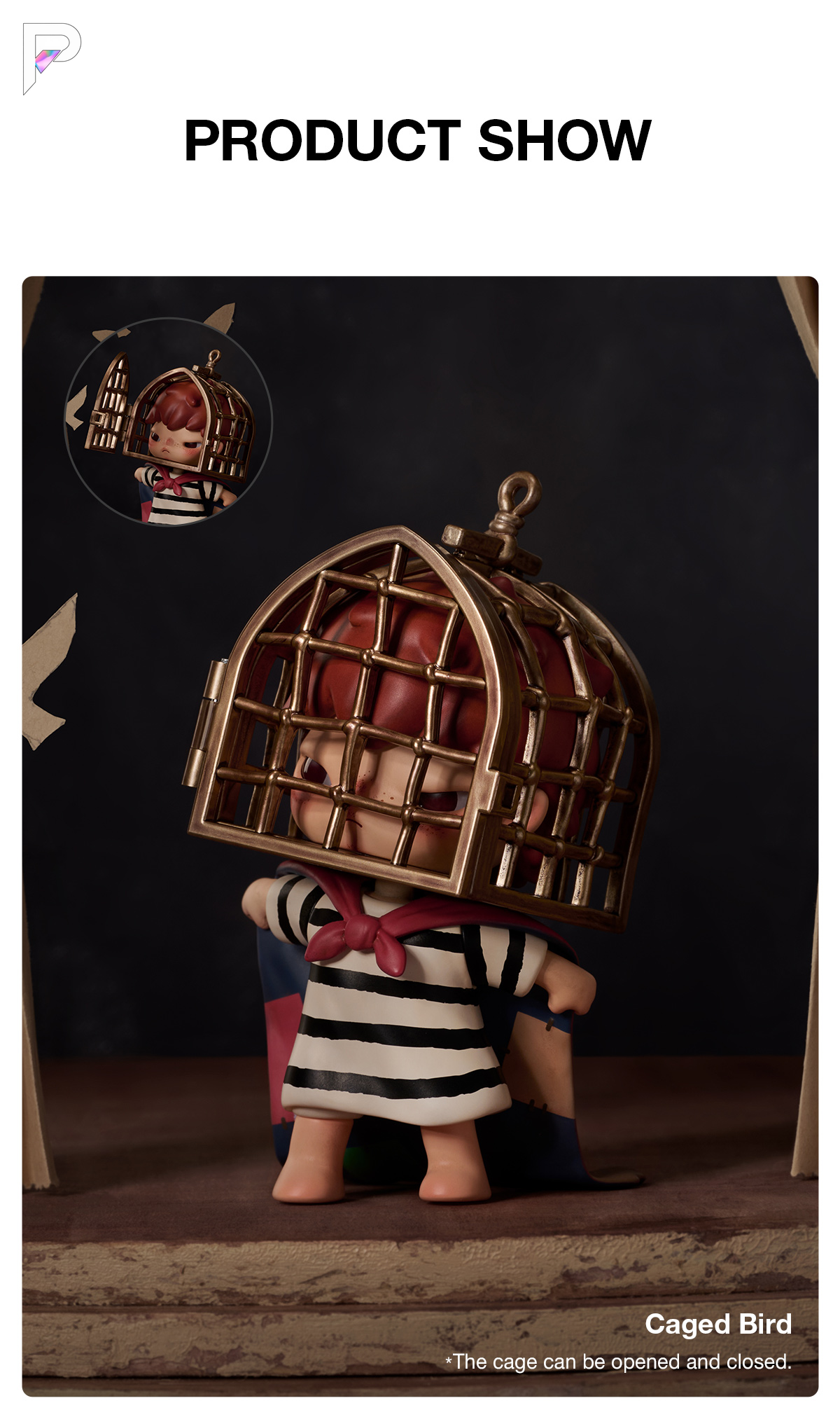 POP MART Hirono Tamed Wildgrass - Caged Bird, official styled product detail image with PAKRA logo