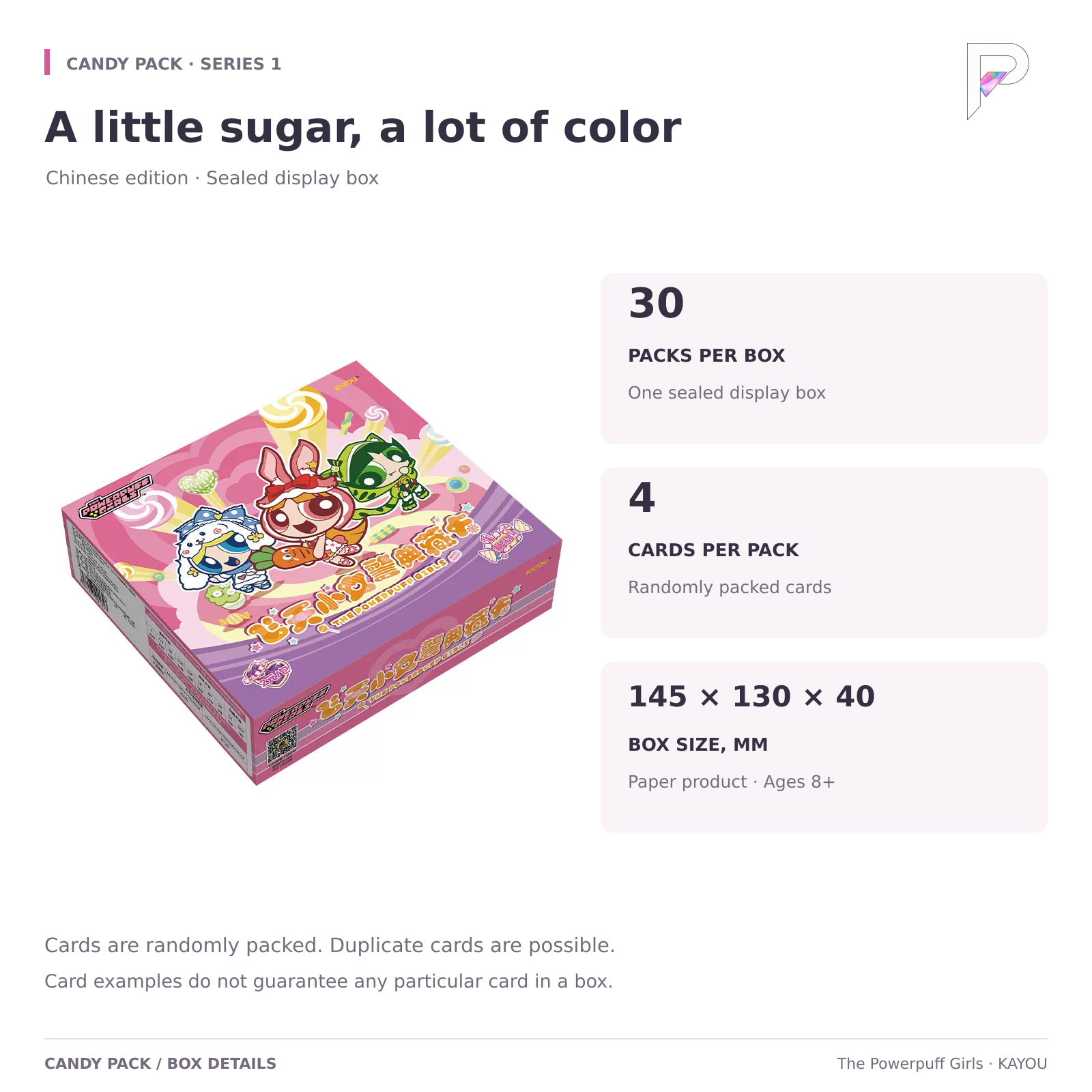 The Powerpuff Girls Candy Pack Series 1: 30 packs per box, 4 random cards per pack, box size 145 by 130 by 40 mm, ages 8 and up