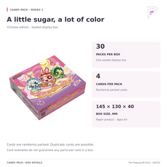 The Powerpuff Girls Candy Pack Series 1: 30 packs per box, 4 random cards per pack, box size 145 by 130 by 40 mm, ages 8 and up