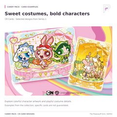 The Powerpuff Girls Candy Pack Series 1 CR card examples showing the Powerpuff Girls and the Mayor; random contents, specific cards not guaranteed