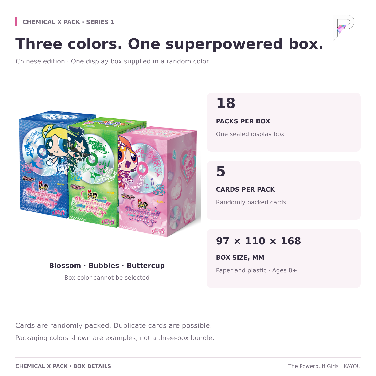 Chemical X Pack Series 1: one random-color display box, 18 packs per box, 5 random cards per pack, box size 97 by 110 by 168 mm, ages 8 and up