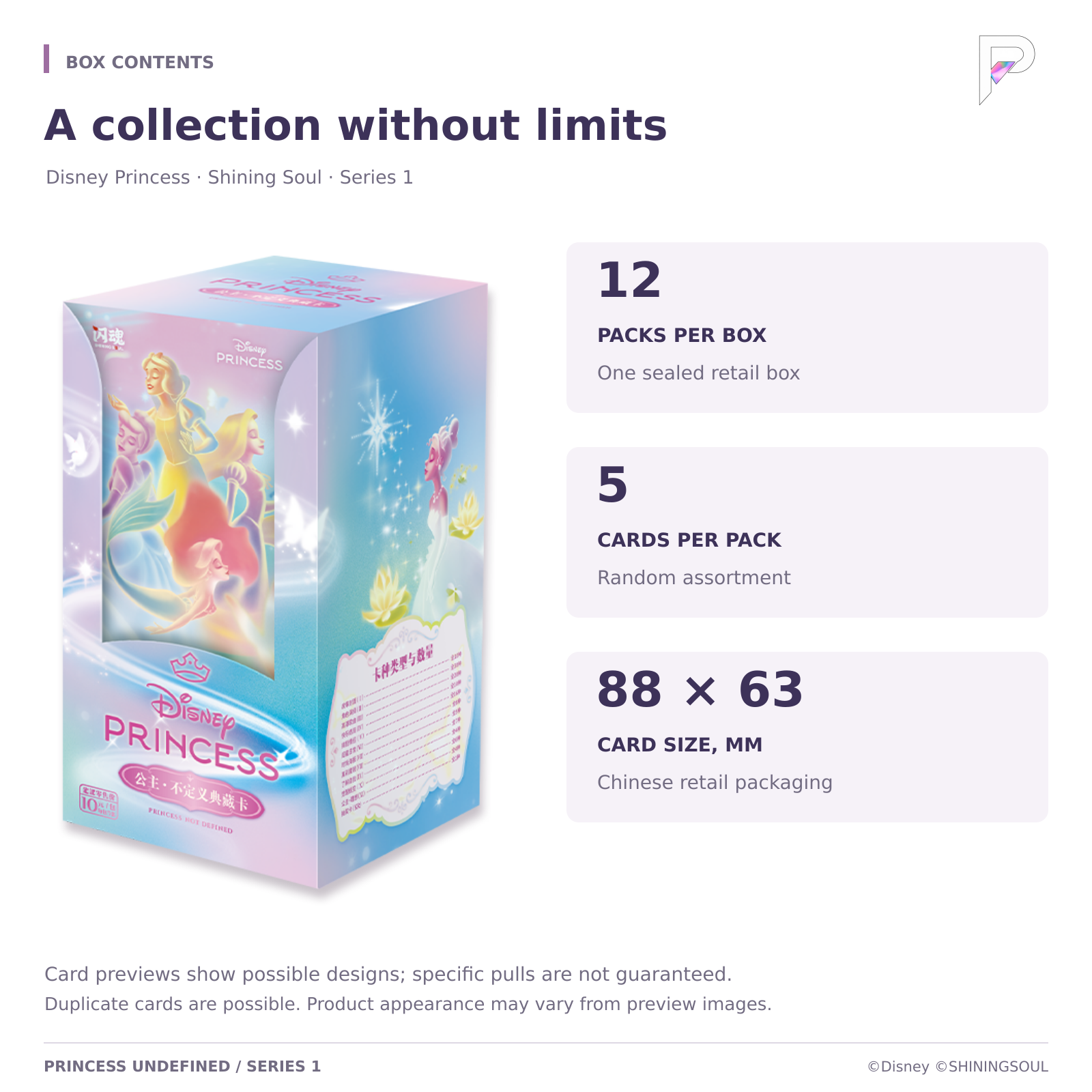 Disney Princess Undefined Series 1 sealed box contents: 12 packs, 5 random cards per pack, and 88 by 63 millimeter cards