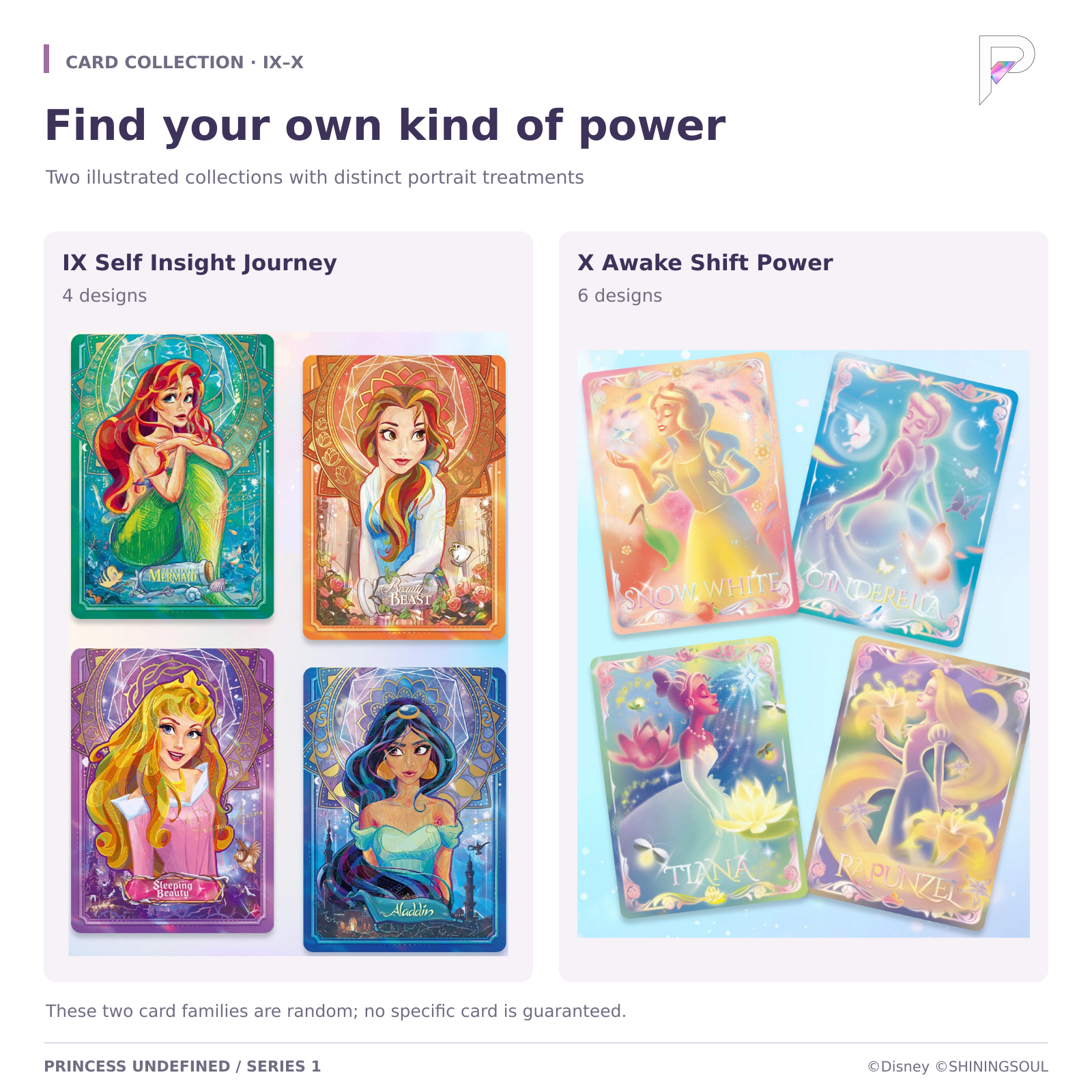 Disney Princess Undefined IX Self Insight Journey and X Awake Shift Power card collections, featuring original portrait artwork