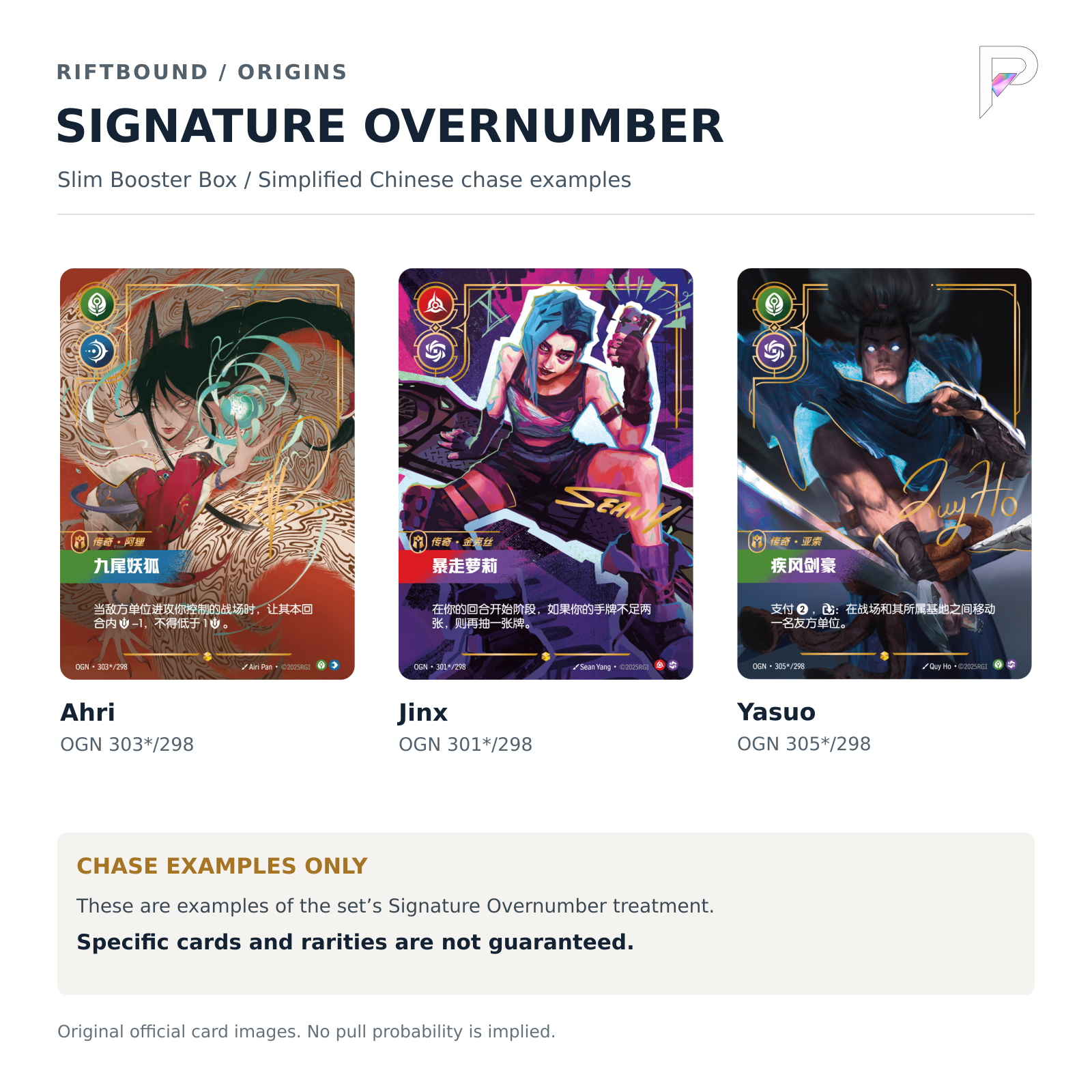 Riftbound Origins Simplified Chinese Signature Overnumber card examples for Slim box; specific cards and rarities not guaranteed