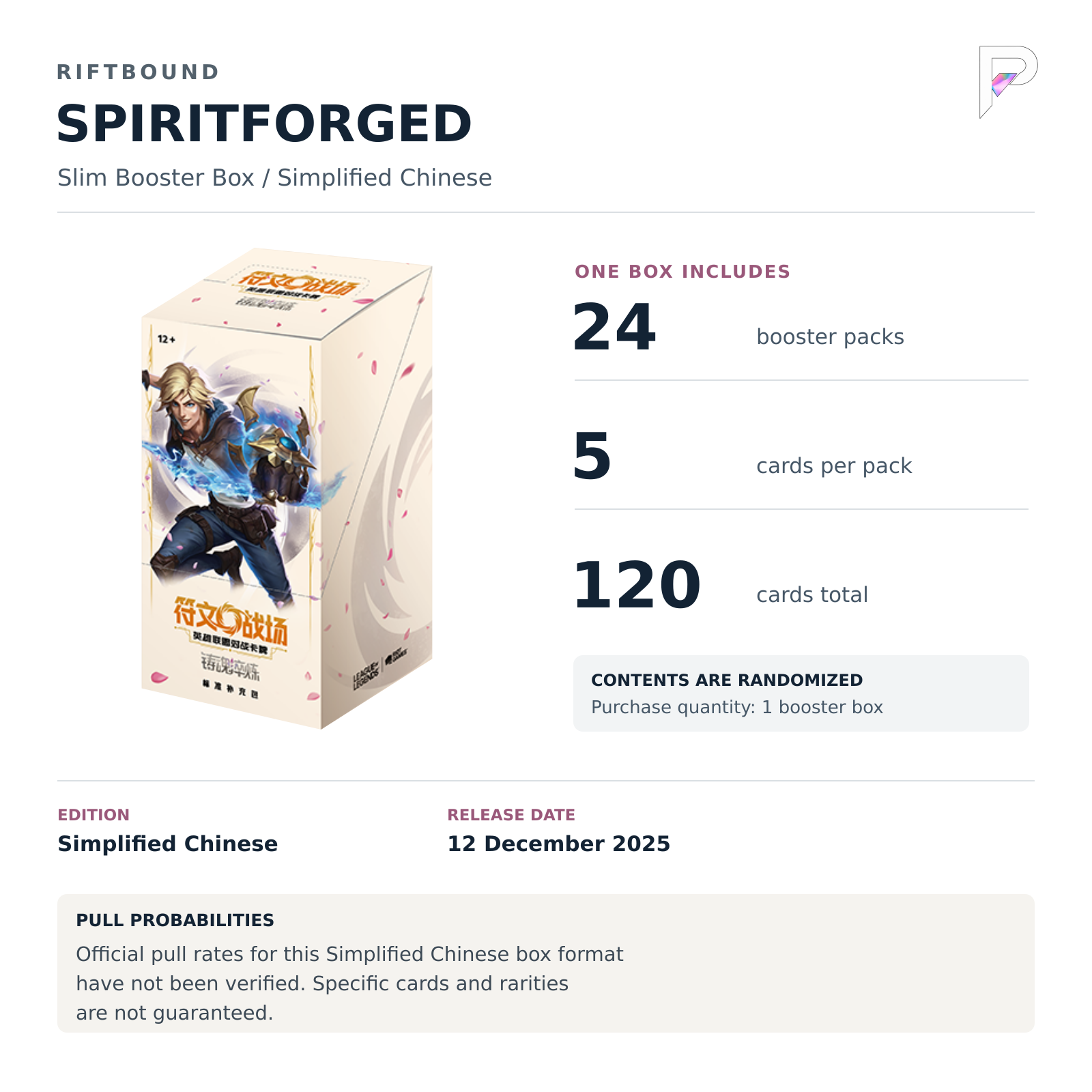 Riftbound Spiritforged Slim Booster Box - Simplified Chinese: 24 packs, 5 cards each, one box; official format-specific pull rates unverified