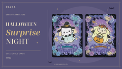 KAYOU Sanrio Characters Halloween Surprise Night promotional artwork with Pochacco and Pompompurin card examples; specific pulls are not guaranteed